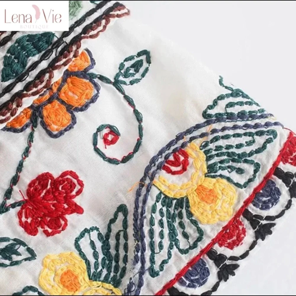 Boho Summer Embroidered Flared Kimono 2 Piece Skirt Set, Cotton Floral Koi Print - Picture 9 of 11